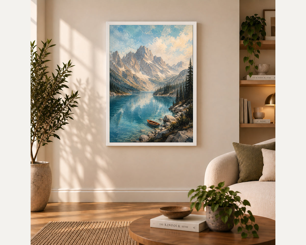 Alpine Lake and Rowboat – Serene Mountain Landscape Art Print