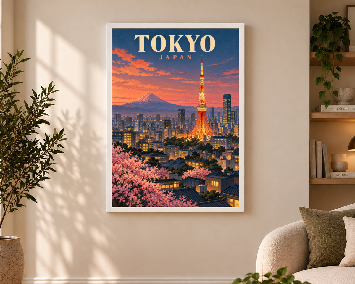 Tokyo Sunset Skyline – Retro Travel Poster Art Print