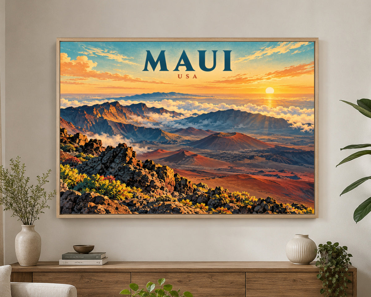 Maui Sunrise Landscape – Vibrant Travel-Poster-Style Maui USA Wall Art