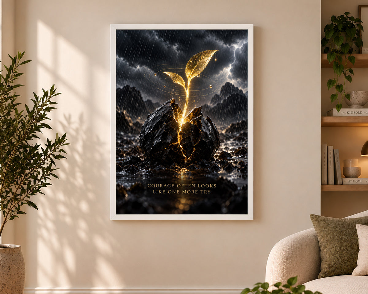 Golden Sprout in the Storm – Courage Often Looks Like One More Try Art Print