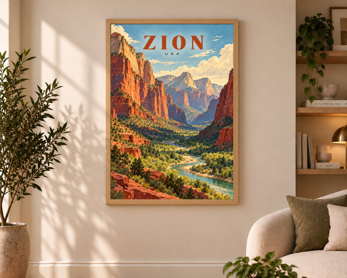 Zion Canyon Travel Poster – Retro Desert Landscape Wall Art