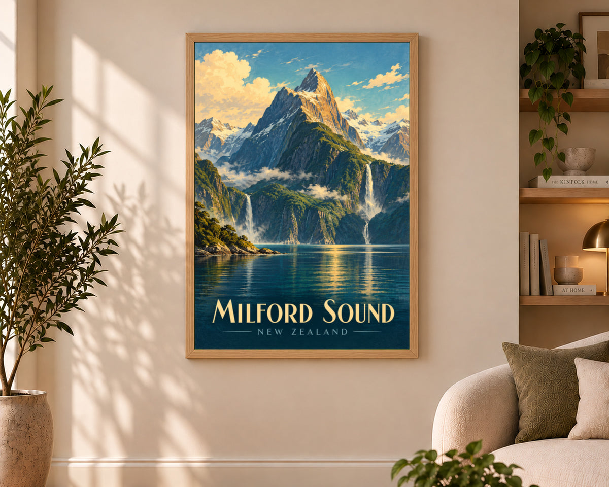 Milford Sound – Retro Fjord Landscape Art Print
