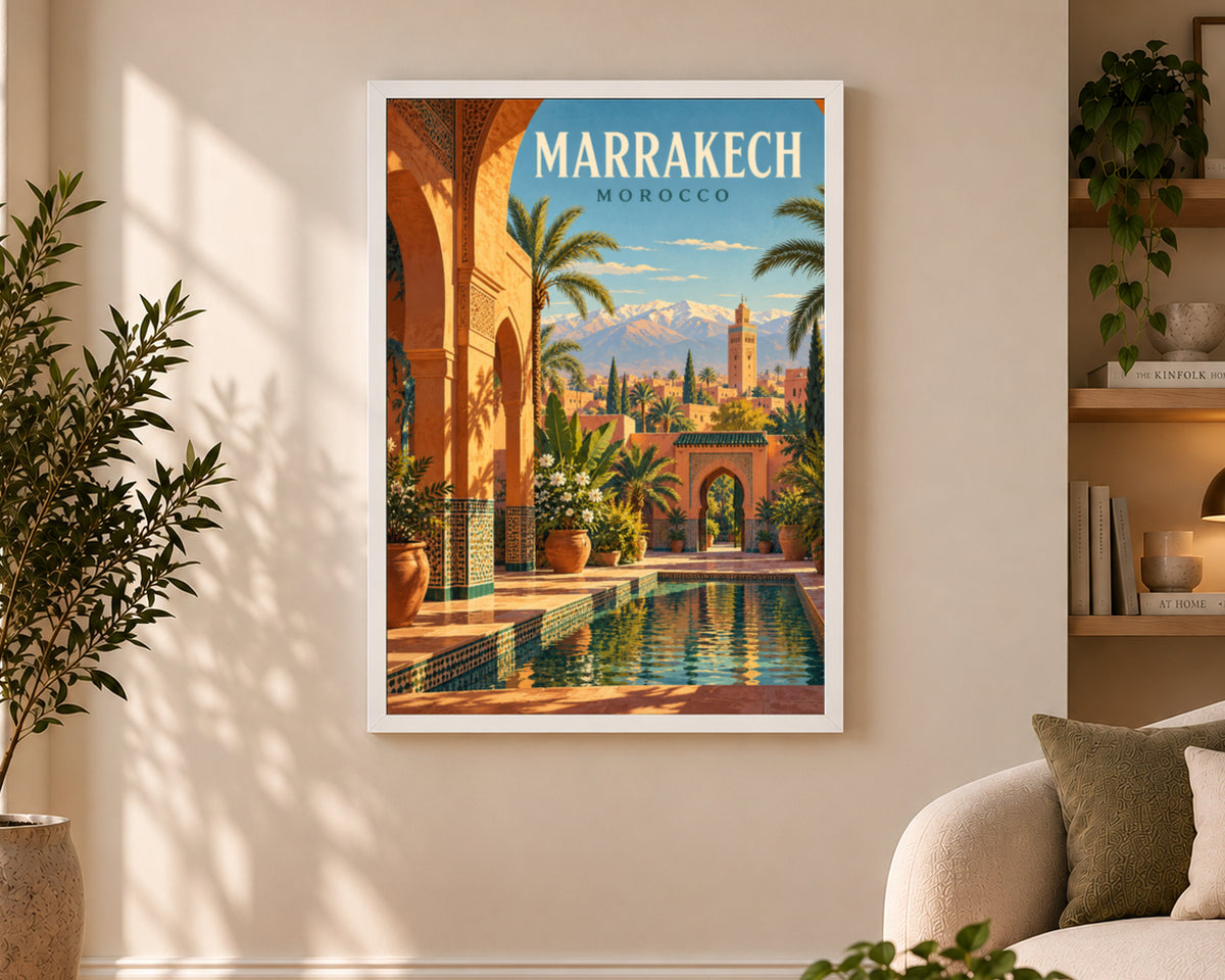 Marrakech Courtyard Pool – Retro Travel Poster Wall Art