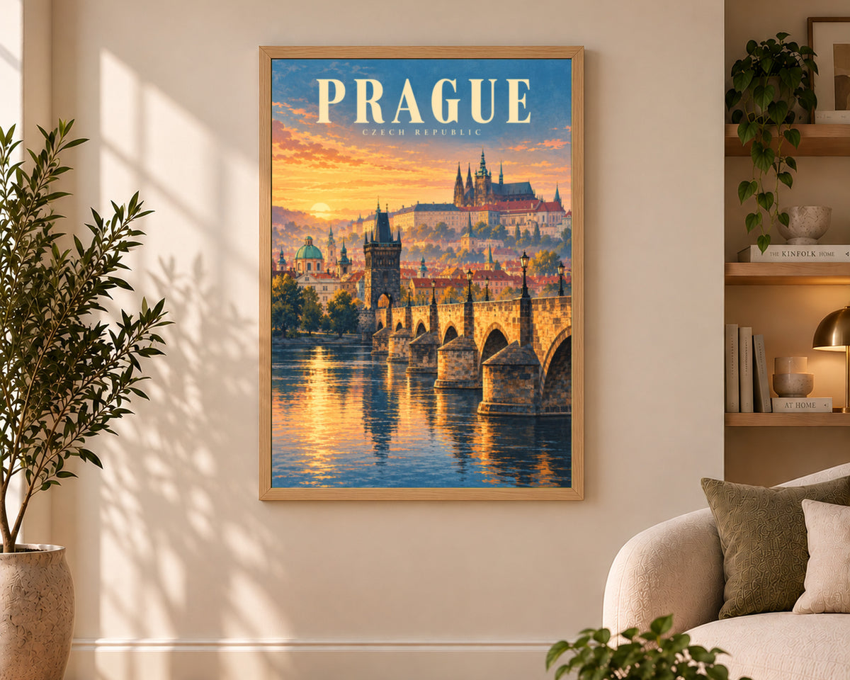 Prague Sunset Bridge – Vintage Travel Poster Art Print