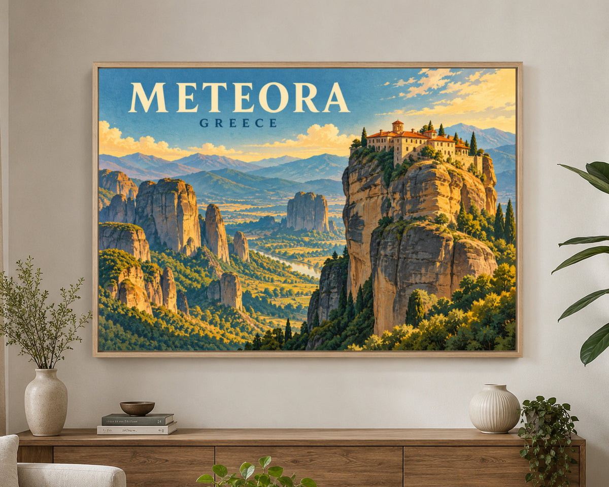 Meteora Greece – Retro Vintage Mountain Landscape Poster