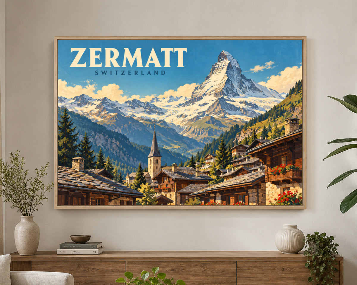 Zermatt Mountain Village – Swiss Alpine Travel Poster