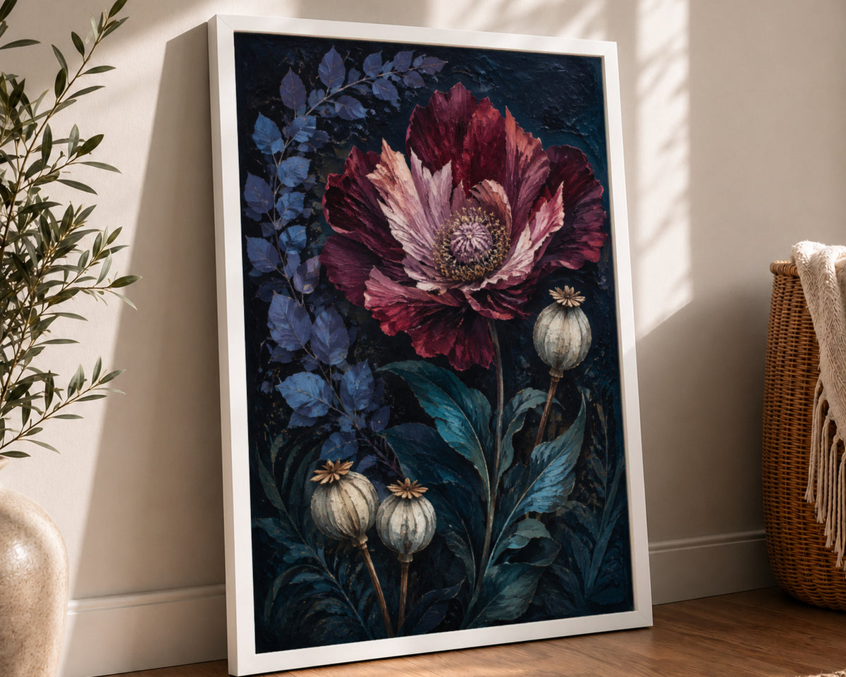 Crimson Bloom with Seed Pods – Dramatic Botanical Art Print