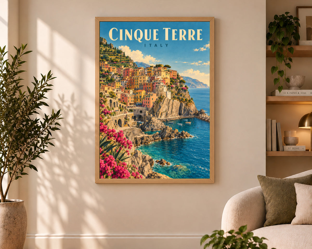 Cinque Terre Italy Coastline – Vintage Coastal Village Art Print