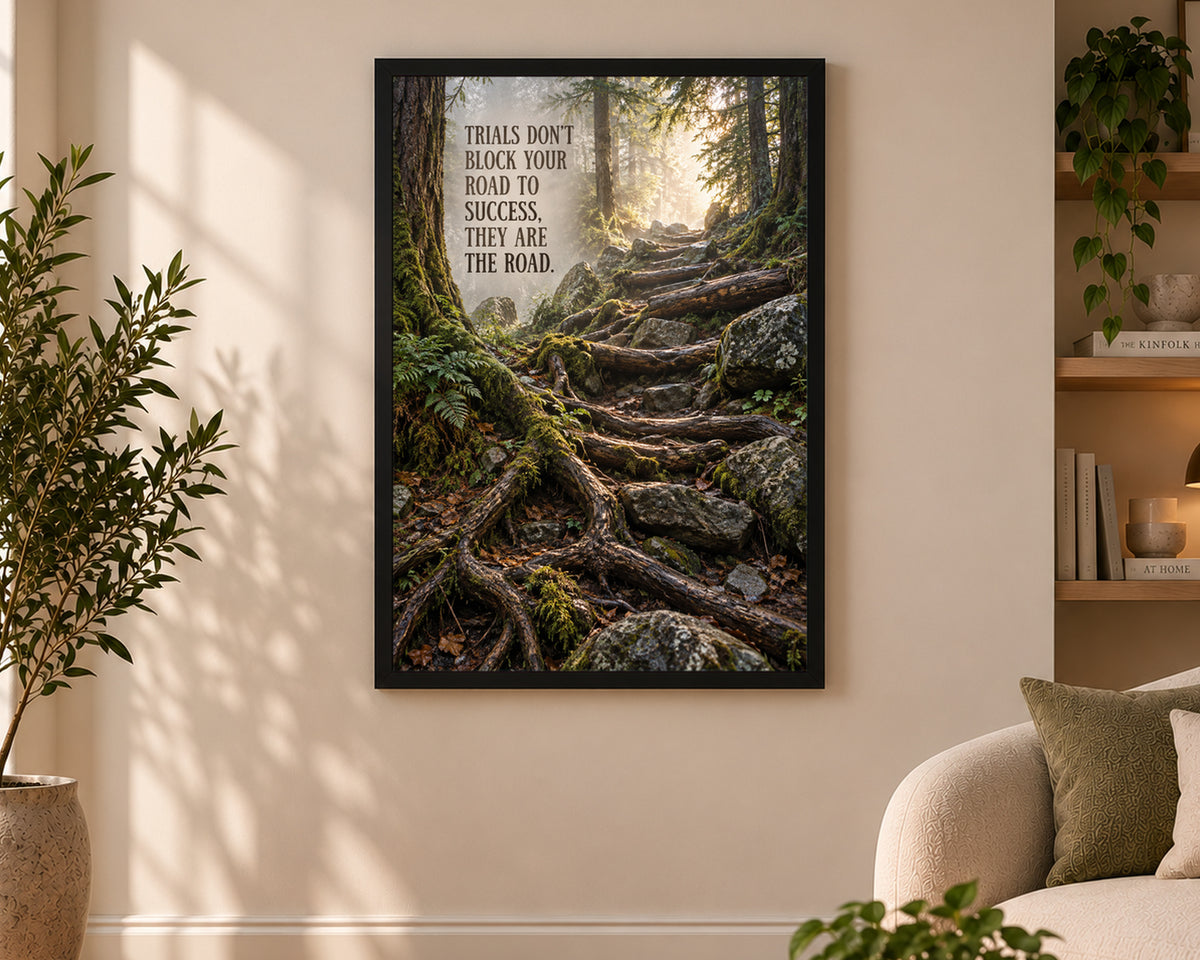 Trials on the Road – Inspirational Forest Path Poster