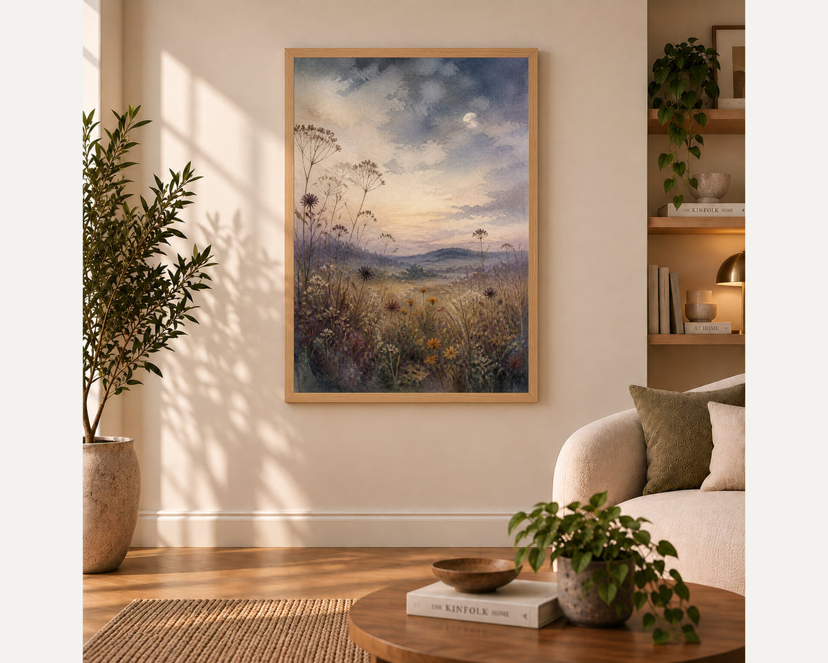 Moonlit Wildflower Meadow – Serene Watercolour Landscape Art Print