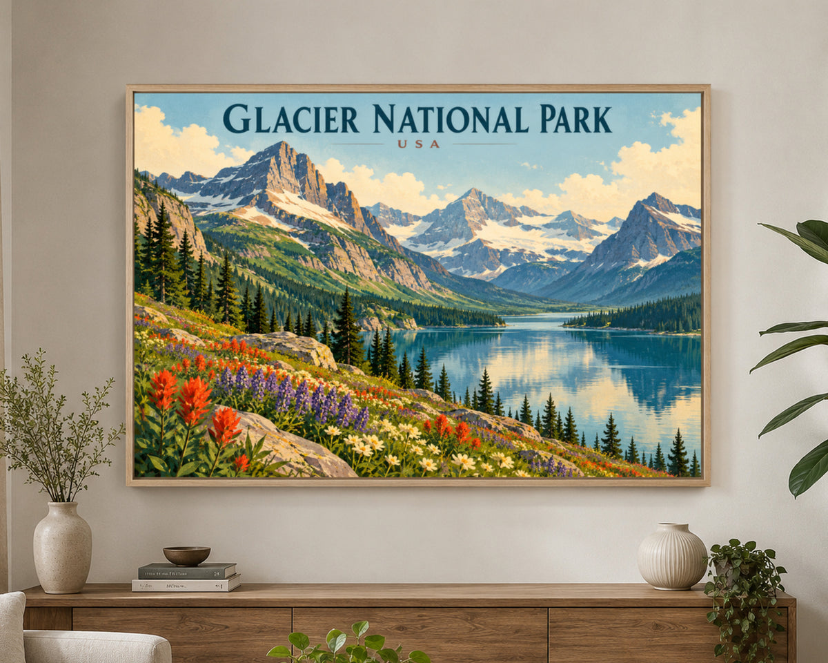 Glacier National Park Vista – Retro Travel Landscape Art Print