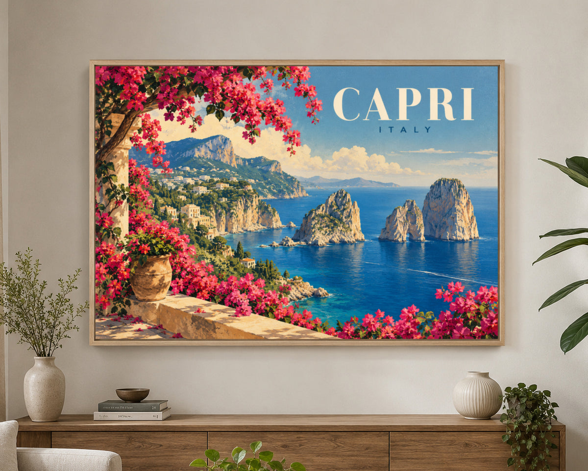 Capri Coastline with Bougainvillea – Vintage Travel Poster Art Print
