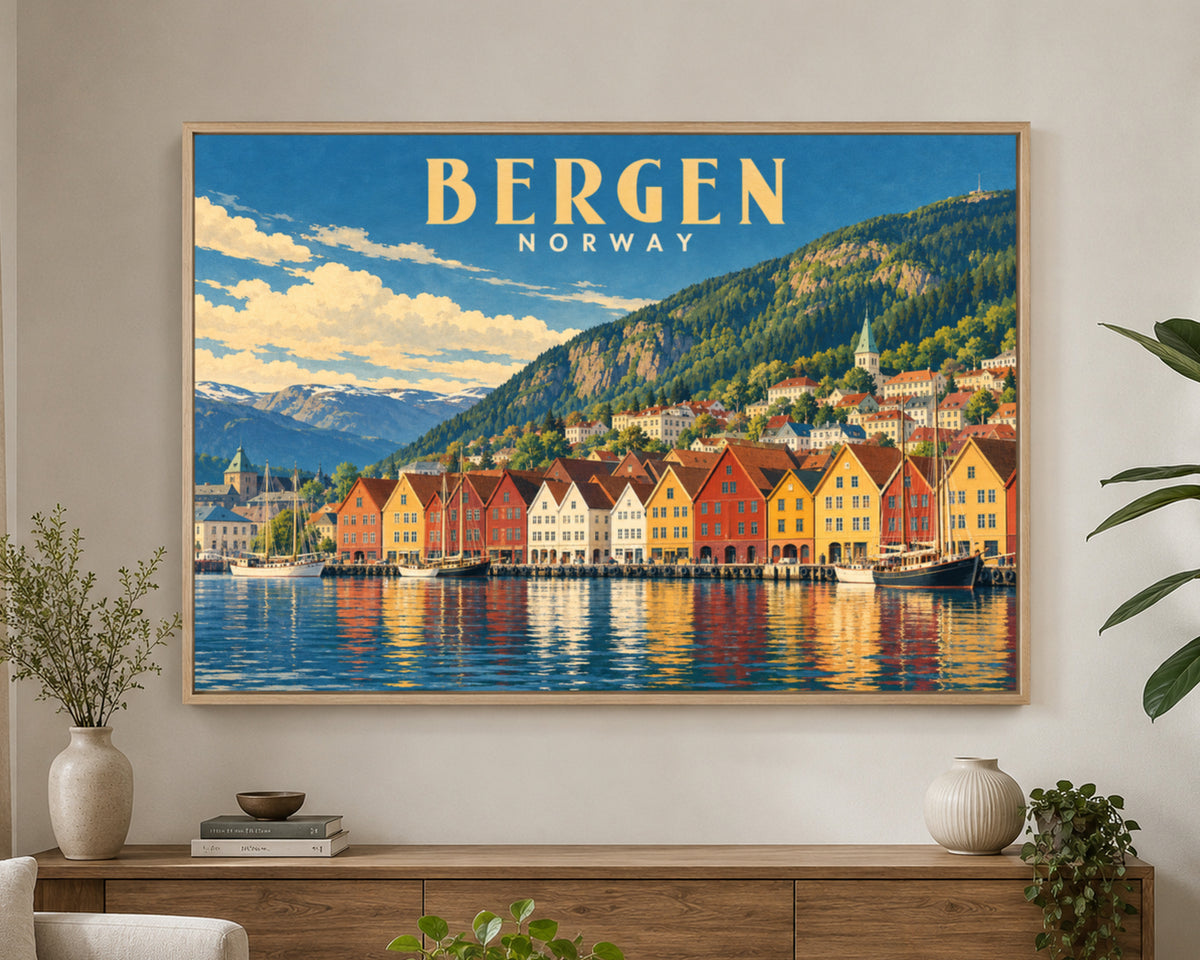 Bergen Harbour Skyline – Vintage Travel Poster Art Print