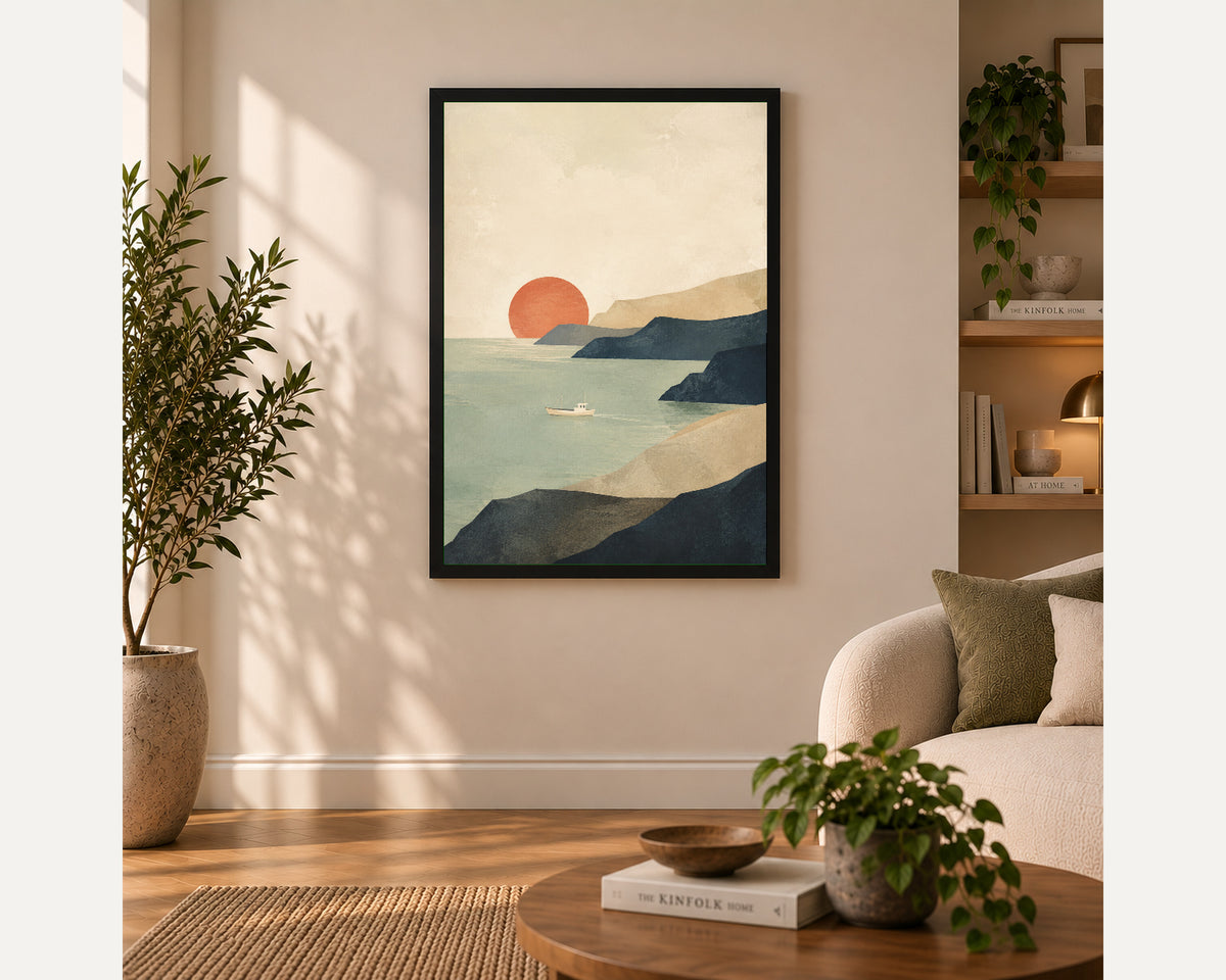Coastal Sunset Sail – Minimal Coastal Landscape Art Print