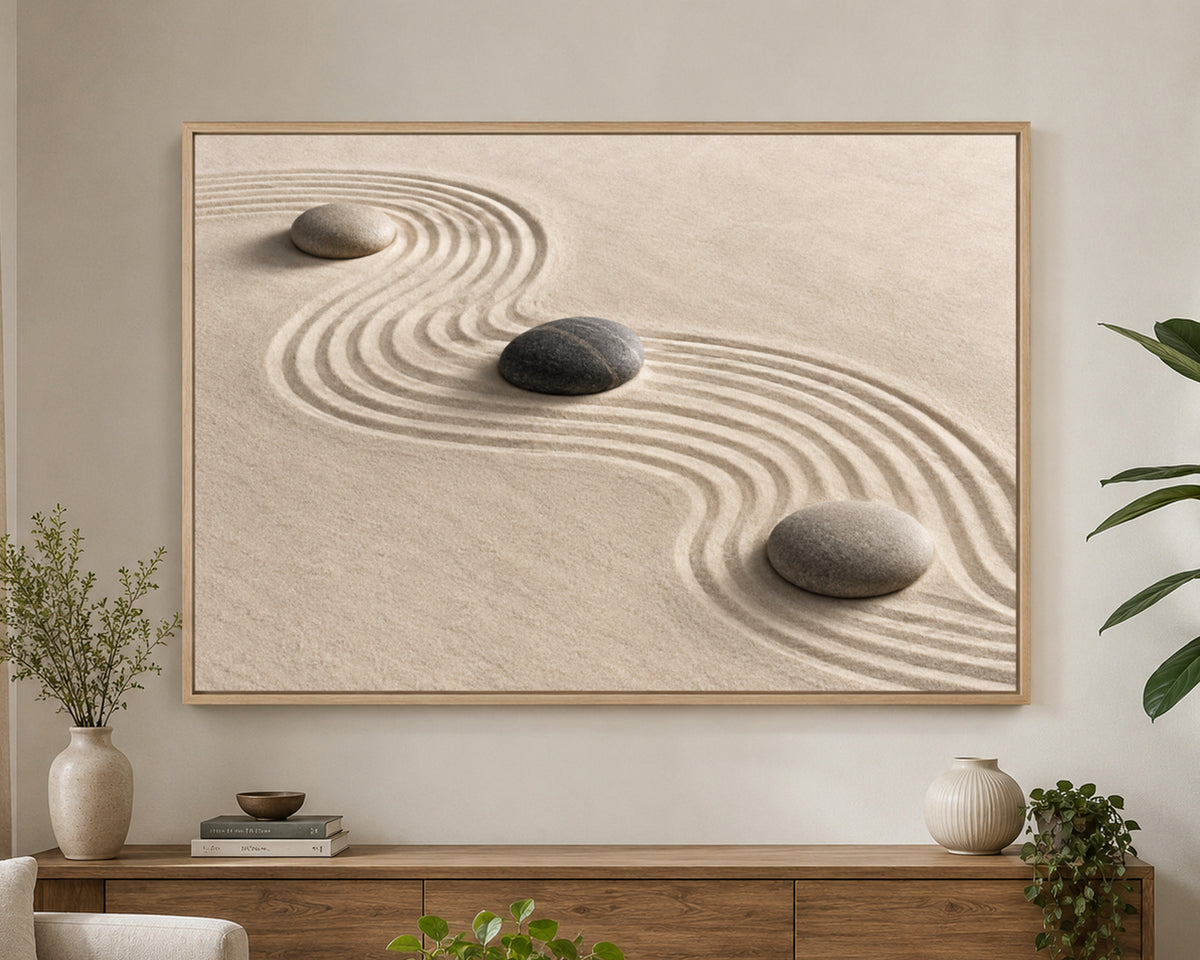 Zen Sand Ripples with Stones – Minimalist Calm Wall Art