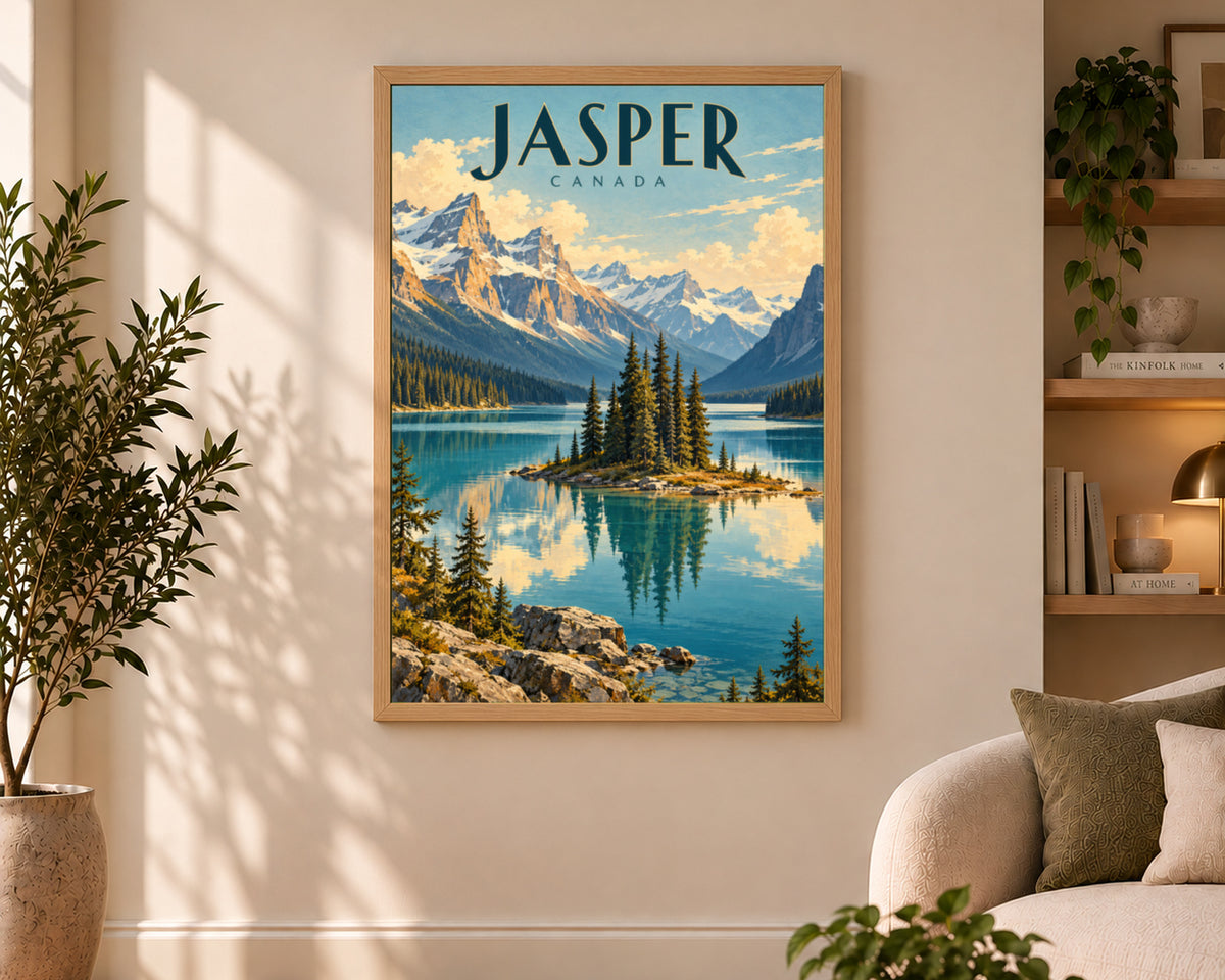 Jasper Canada Mountain Lake – Art Deco Travel Landscape Art Print