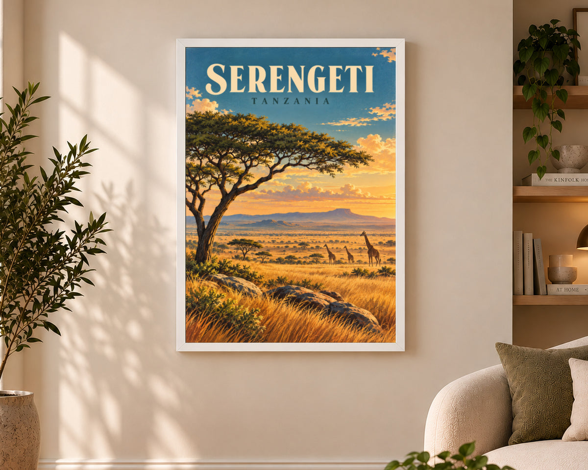 Serengeti Safari Sunset – Giraffes at the Acacia Tree Travel Wall Art