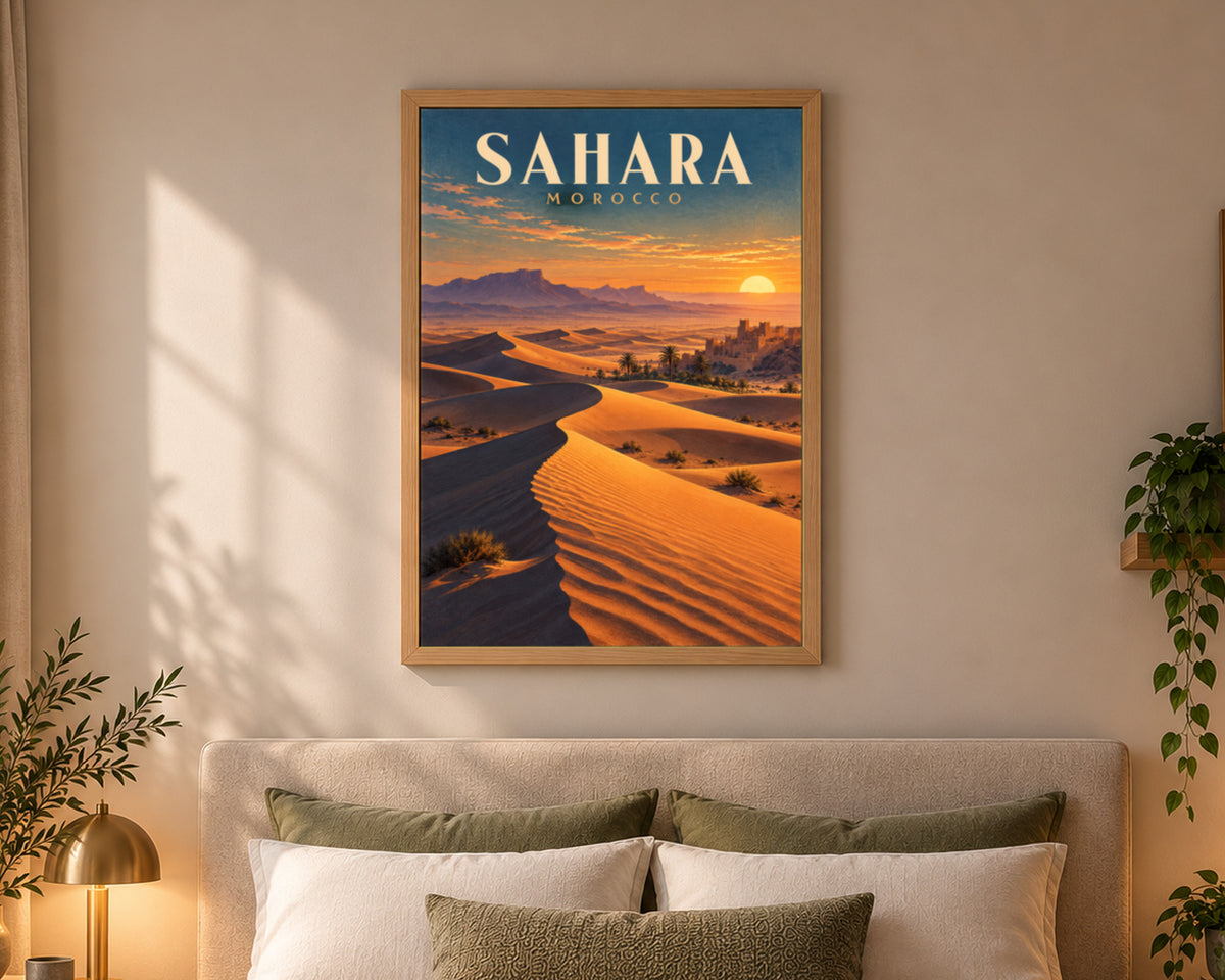 Sahara Morocco Desert Sunset – Retro Travel Landscape Wall Art