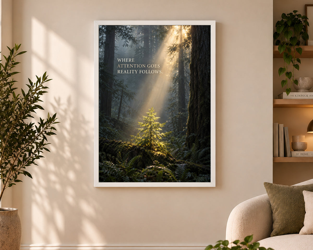 Where Attention Goes Reality Follows – Forest Sunbeam Poster