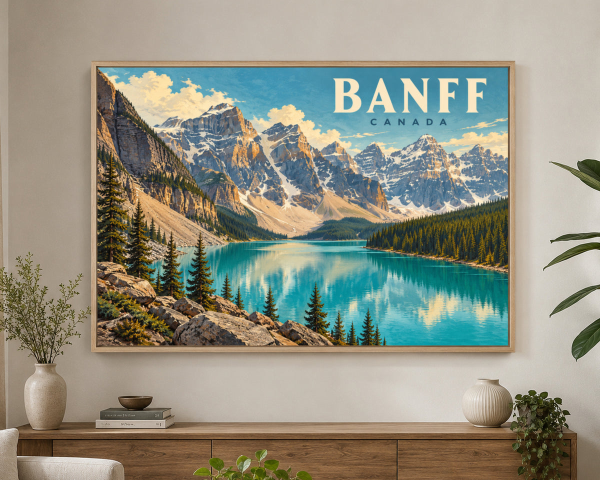 Banff Canada Mountain Lake Poster – Retro Scenic Travel Print Wall Art