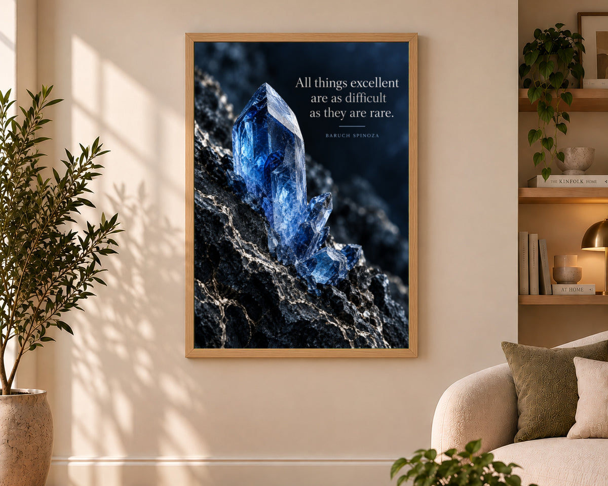 Blue Crystal Poster – Baruch Spinoza Quote Inspirational Art Print