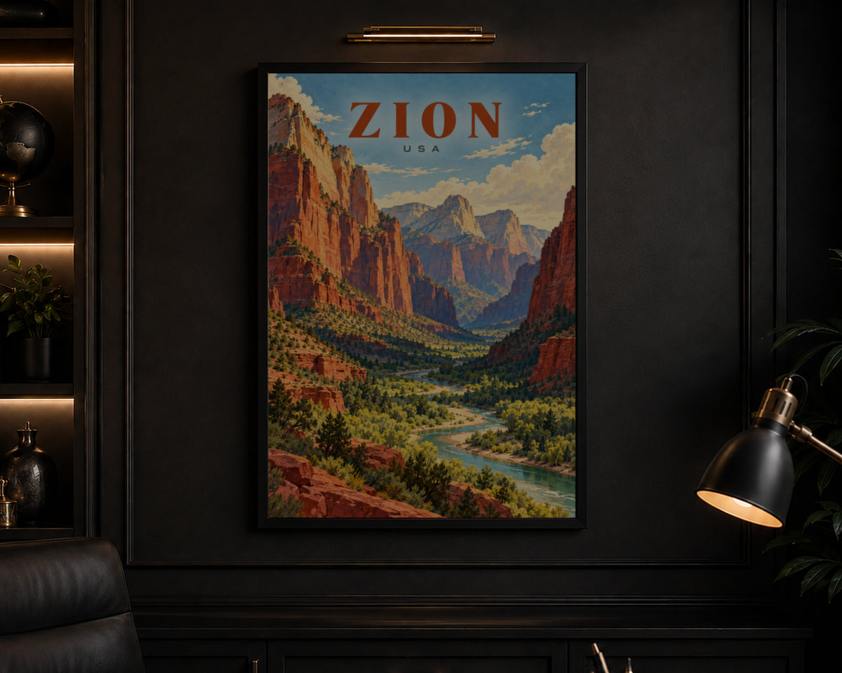 Zion Canyon Travel Poster – Retro Desert Landscape Wall Art