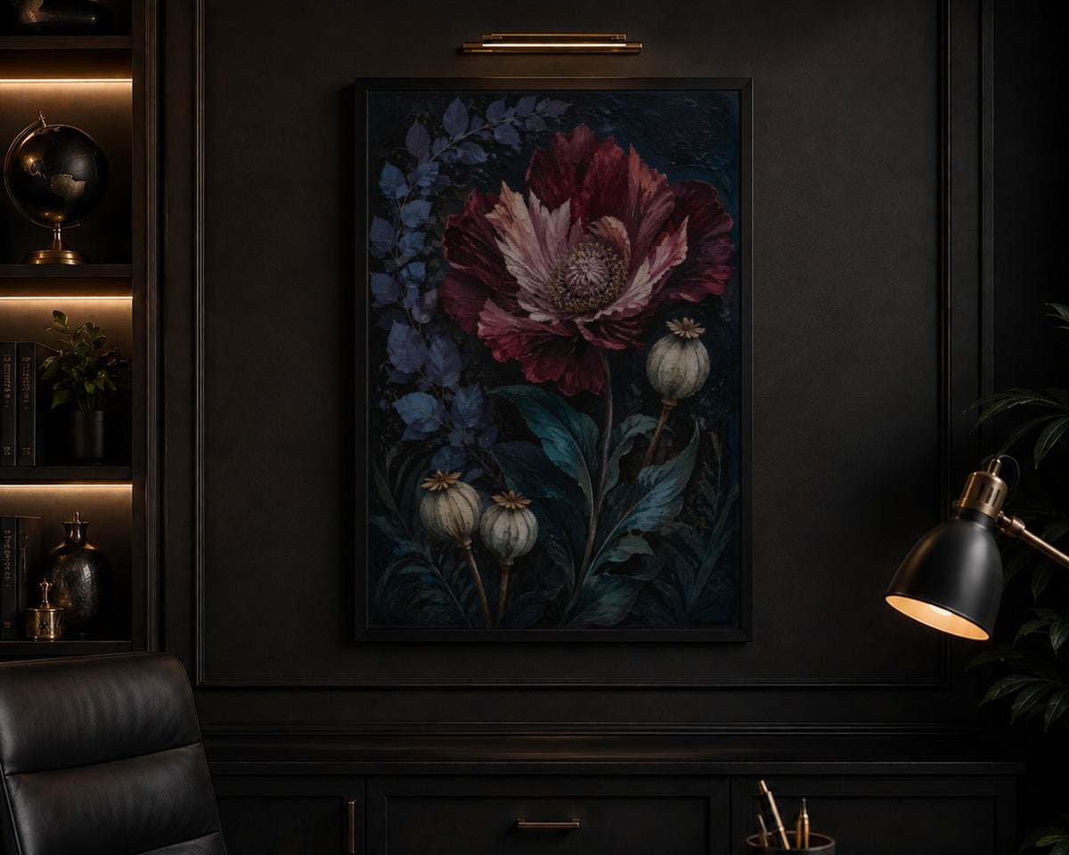 Crimson Bloom with Seed Pods – Dramatic Botanical Art Print