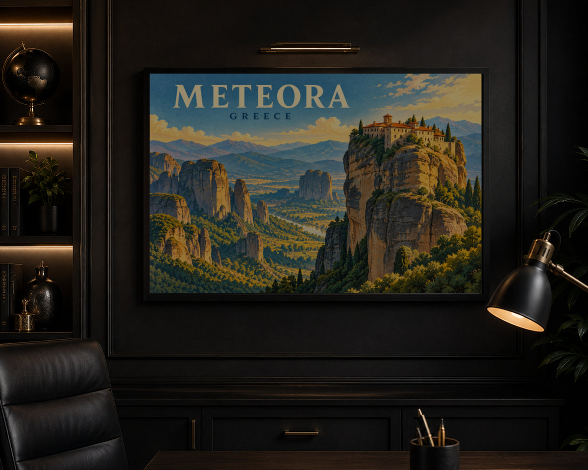 Meteora Greece – Retro Vintage Mountain Landscape Poster