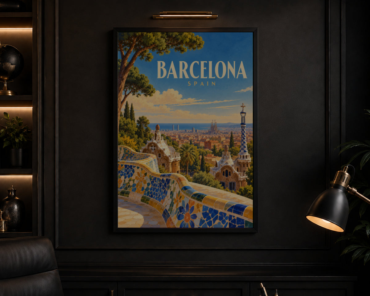 Barcelona Skyline Poster – Retro Travel Cityscape Art Print