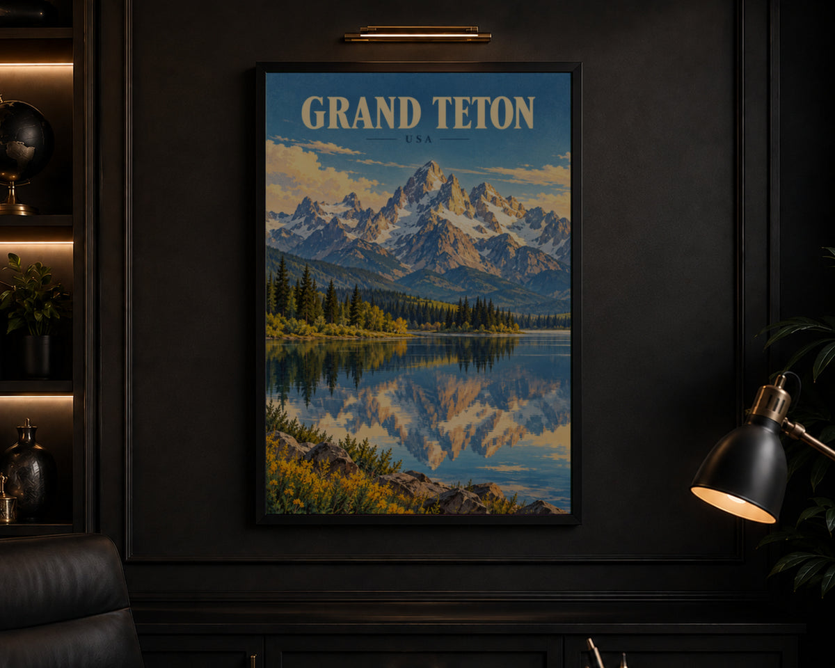 Grand Teton USA – Vintage Travel-Poster Lake and Mountain Wall Art