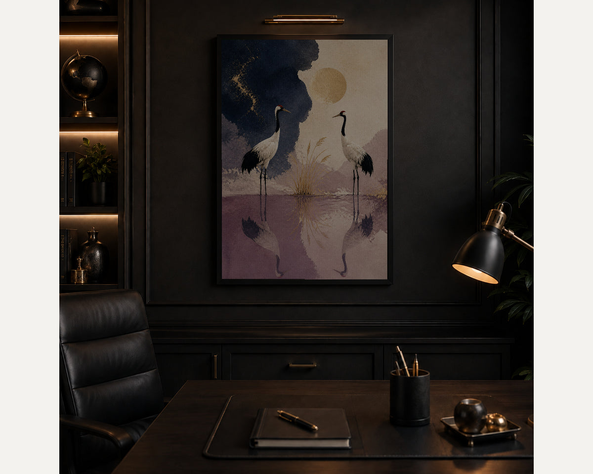 Crane Reflection – Serene Crane Waterscape Art Print