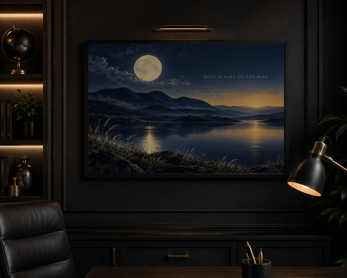 Rest Is Part of the Rise – Moonlit Mountain Lake Quote Art Print