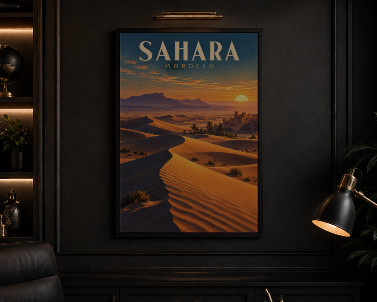 Sahara Morocco Desert Sunset – Retro Travel Landscape Wall Art