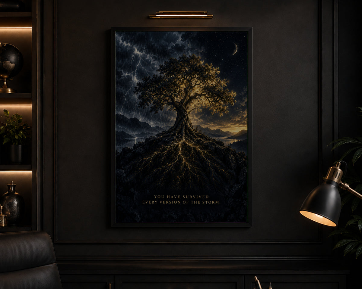 Stormlit Tree of Resilience – Resilience Quote Fantasy Poster