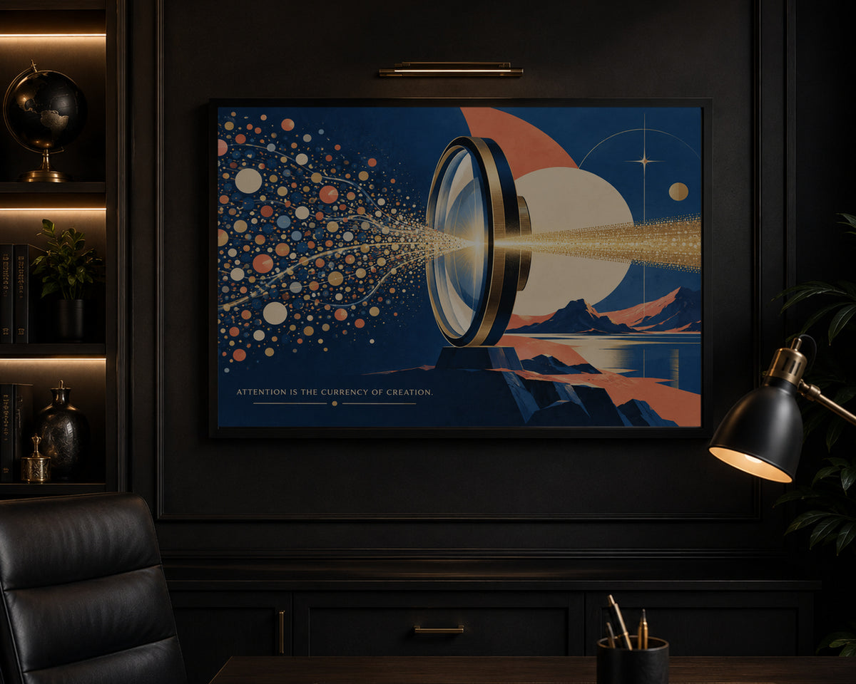 Attention is the Currency of Creation – Retro-Futurist Creative Focus Poster