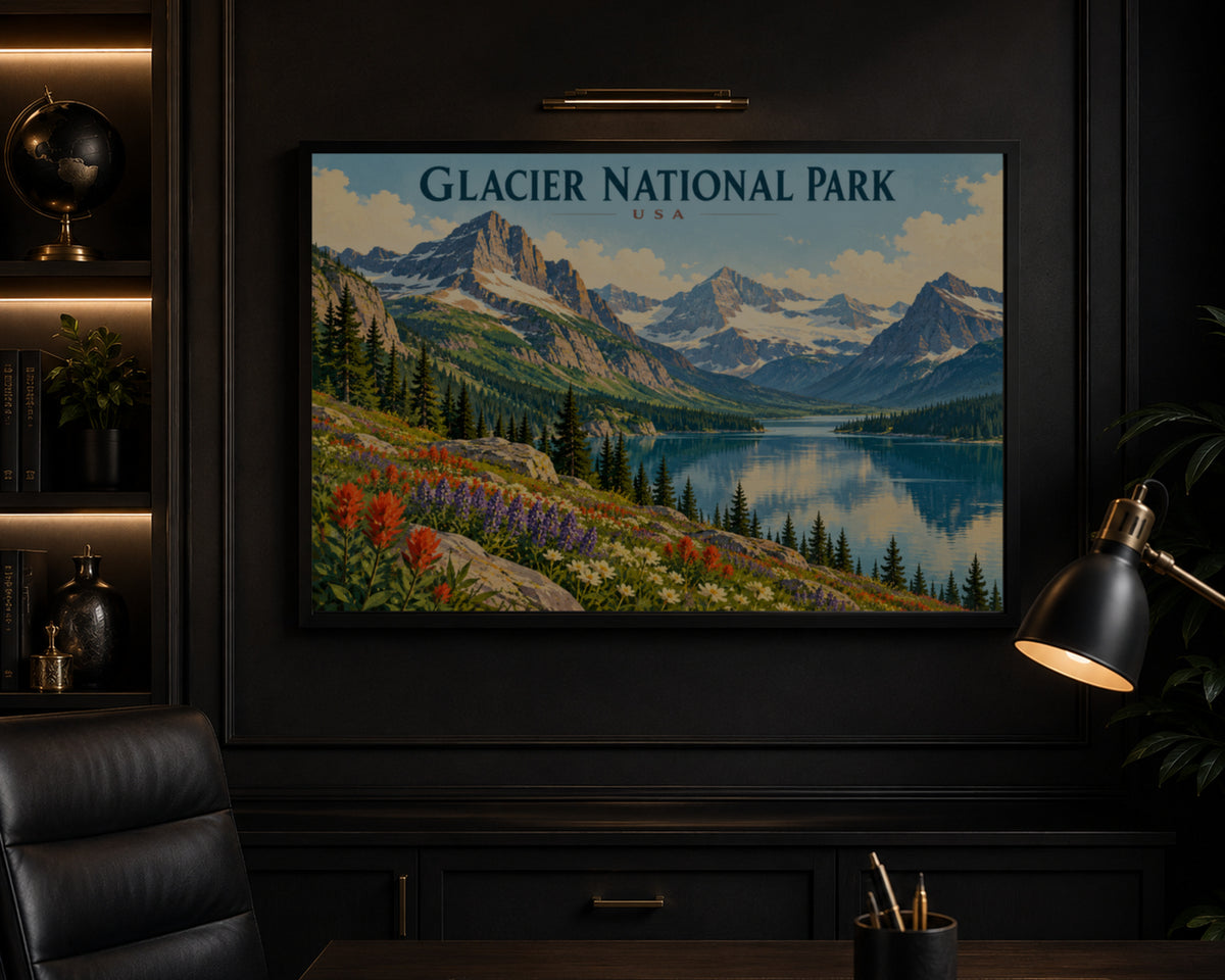 Glacier National Park Vista – Retro Travel Landscape Art Print