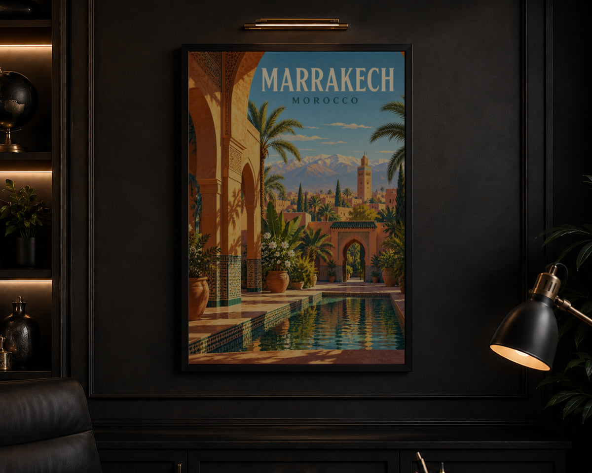 Marrakech Courtyard Pool – Retro Travel Poster Wall Art