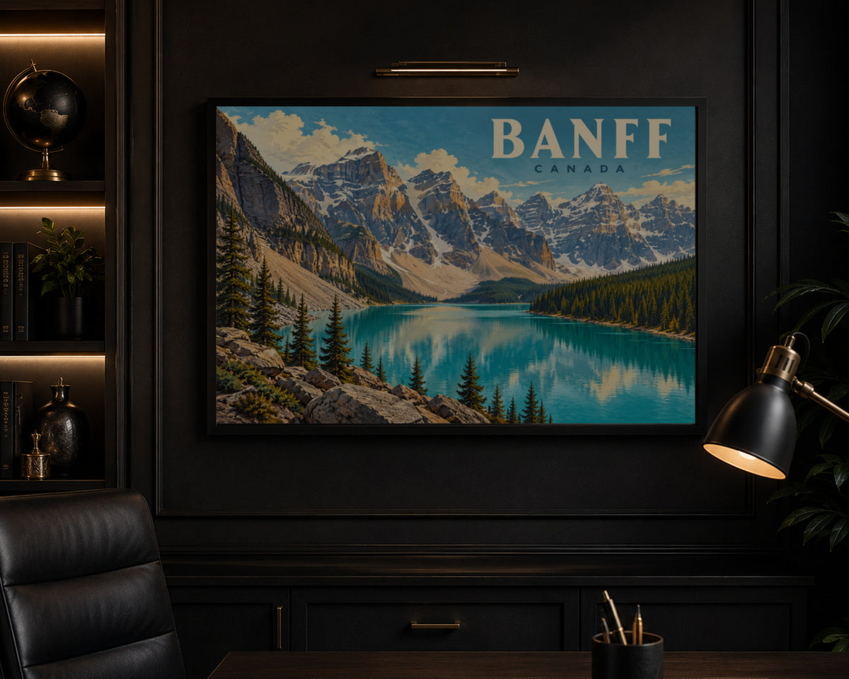 Banff Canada Mountain Lake Poster – Retro Scenic Travel Print Wall Art