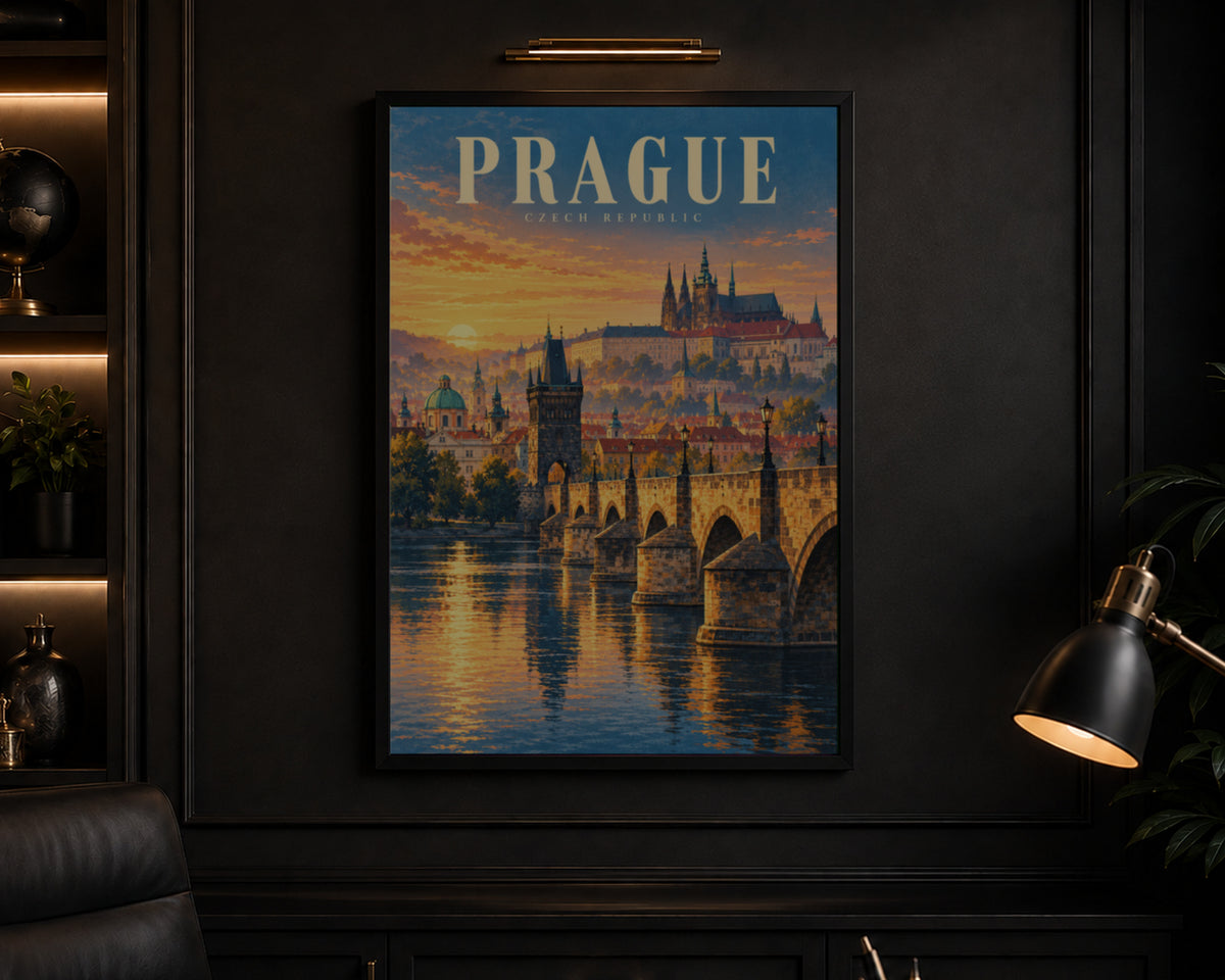 Prague Sunset Bridge – Vintage Travel Poster Art Print
