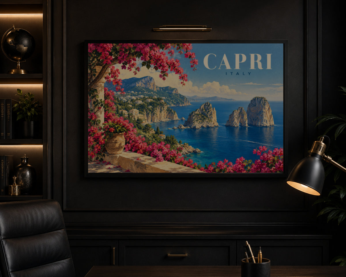 Capri Coastline with Bougainvillea – Vintage Travel Poster Art Print