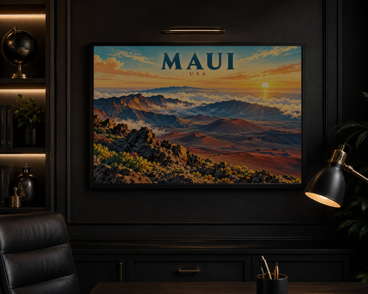 Maui Sunrise Landscape – Vibrant Travel-Poster-Style Maui USA Wall Art