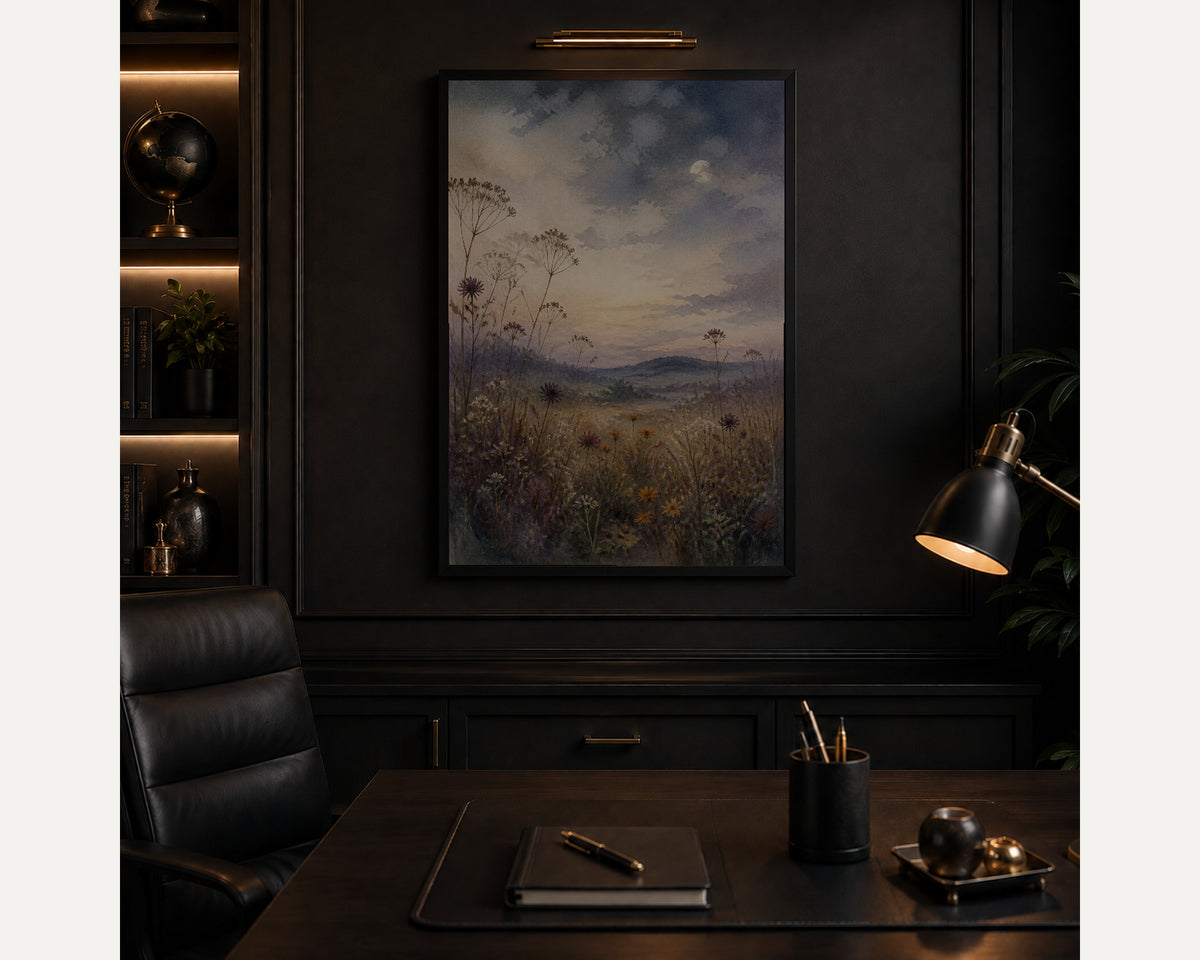 Moonlit Wildflower Meadow – Serene Watercolour Landscape Art Print