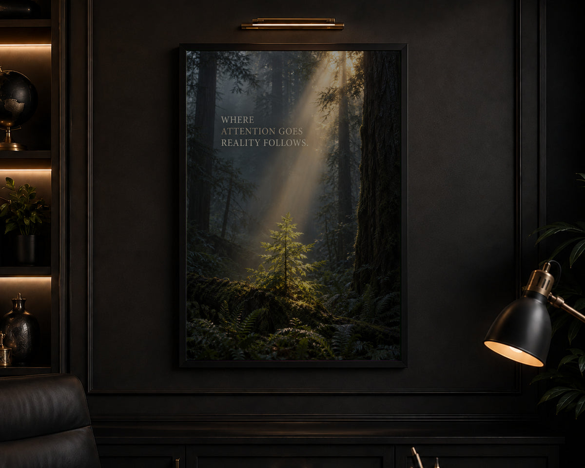 Where Attention Goes Reality Follows – Forest Sunbeam Poster