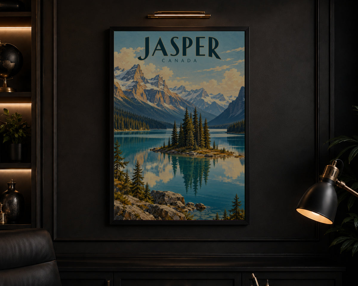 Jasper Canada Mountain Lake – Art Deco Travel Landscape Art Print
