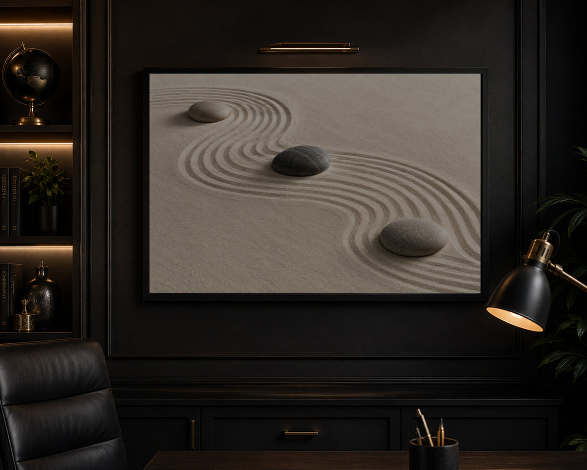 Zen Sand Ripples with Stones – Minimalist Calm Wall Art