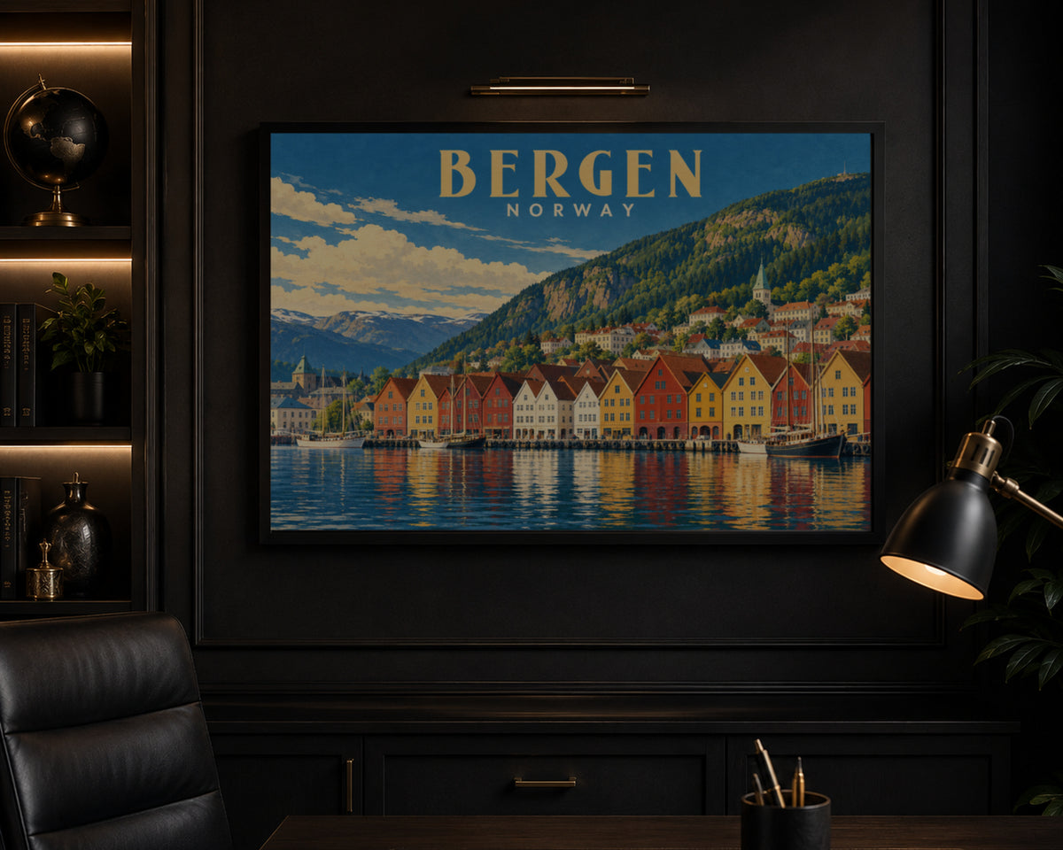 Bergen Harbour Skyline – Vintage Travel Poster Art Print