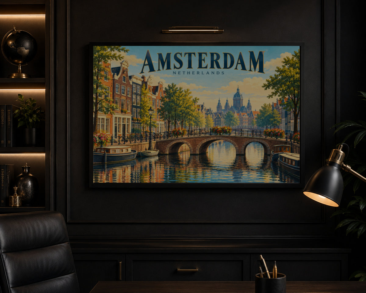 Amsterdam Canal Bridge – Retro Travel Wall Art