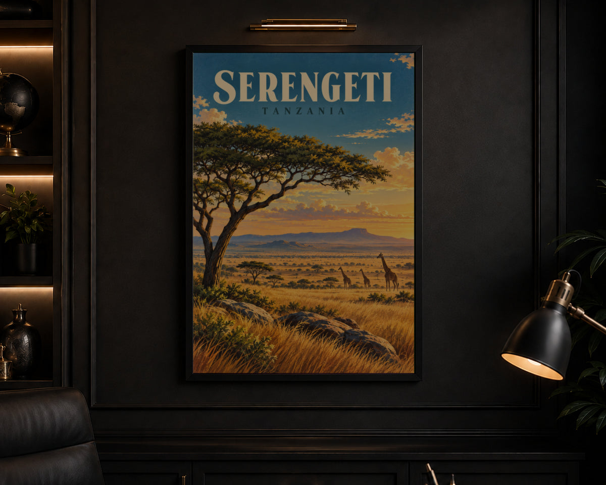Serengeti Safari Sunset – Giraffes at the Acacia Tree Travel Wall Art