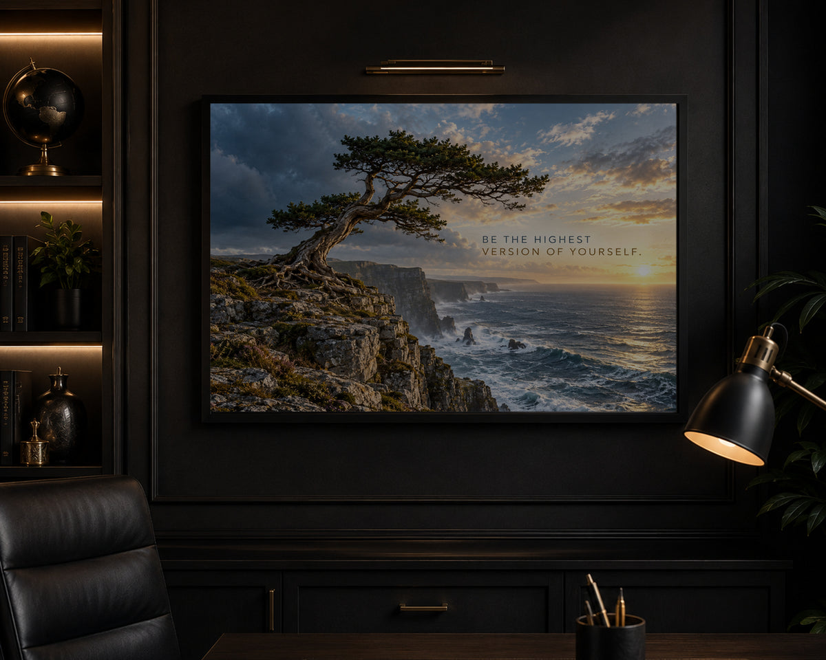Coastal Tree at Sunset – Inspirational Ocean Landscape Art Print