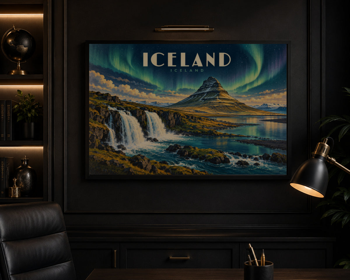 Iceland Aurora Landscape – Nordic Aurora Waterfall Art Print